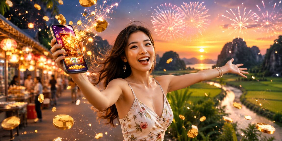 Người dùng tại chợ đêm Ninh Bình thư giãn và trải nghiệm slot game trực tuyến trên điện thoại