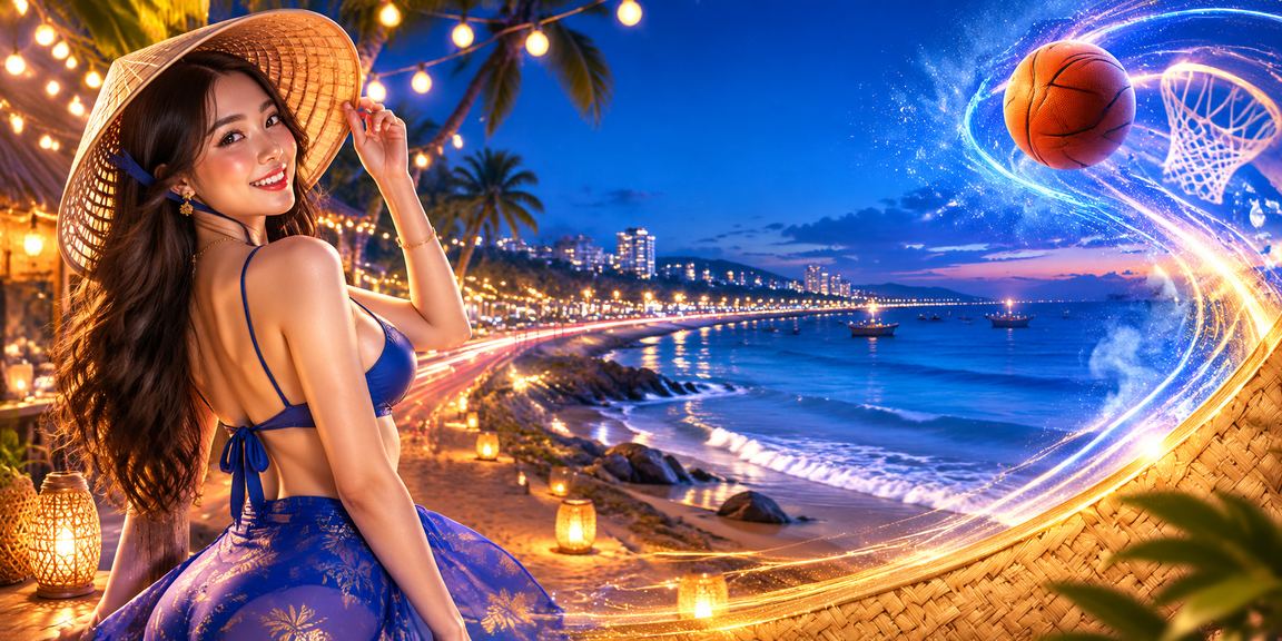 Người phụ nữ đội nón lá theo dõi kèo bóng rổ tại bãi biển Phan Thiết