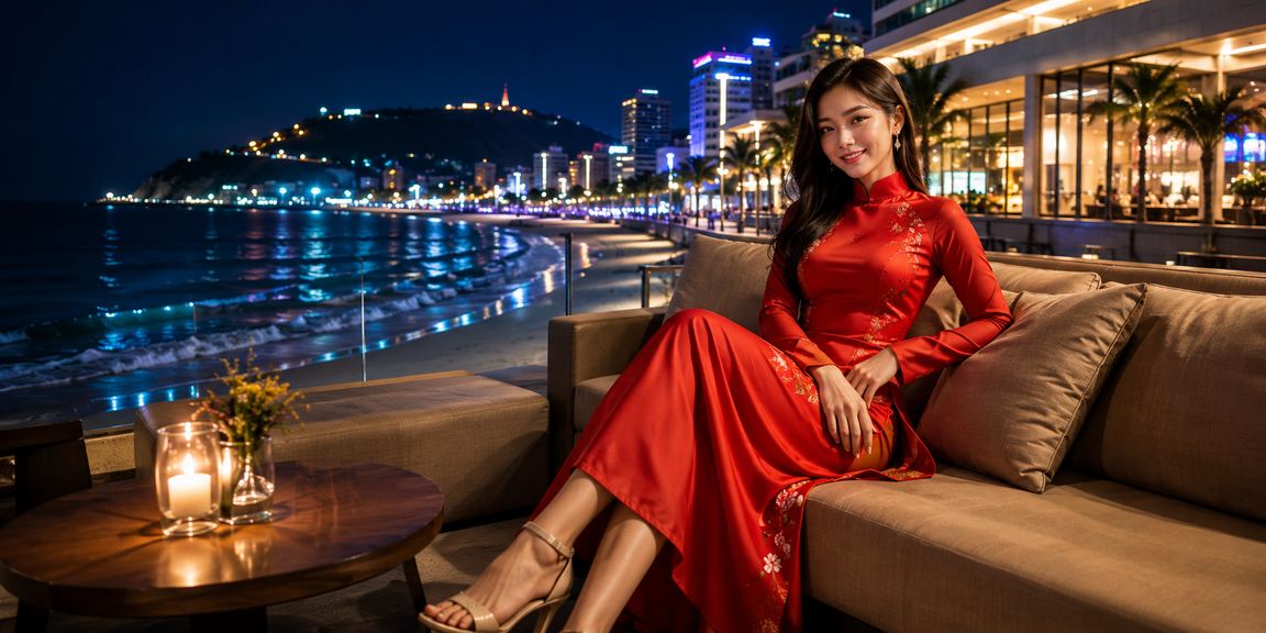 Người mặc áo dài truyền thống Việt Nam tại khu vực giải trí ven biển Vũng Tàu